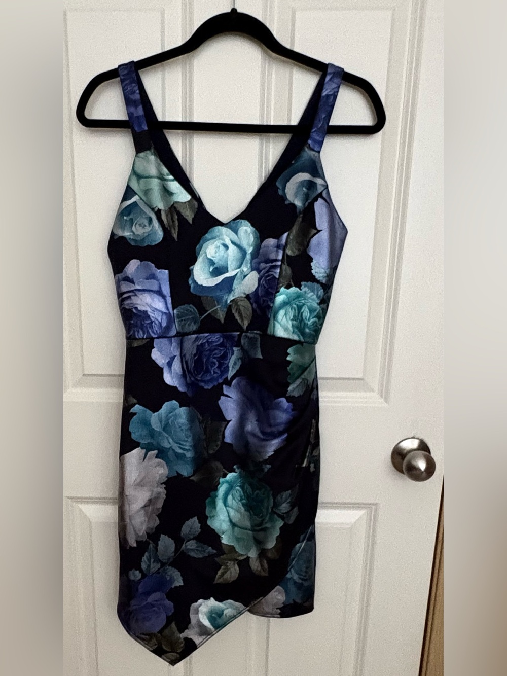 BCX Black Midi Dress with Blue & Teal Floral Print